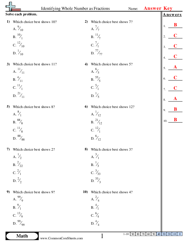  - Identifying Whole Number as Fractions worksheet
